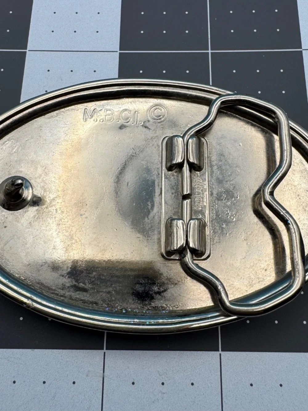 Vintage MCBI Spotted Pig Green Sparkly Enamel Inlay Silver Tone Belt Buckle